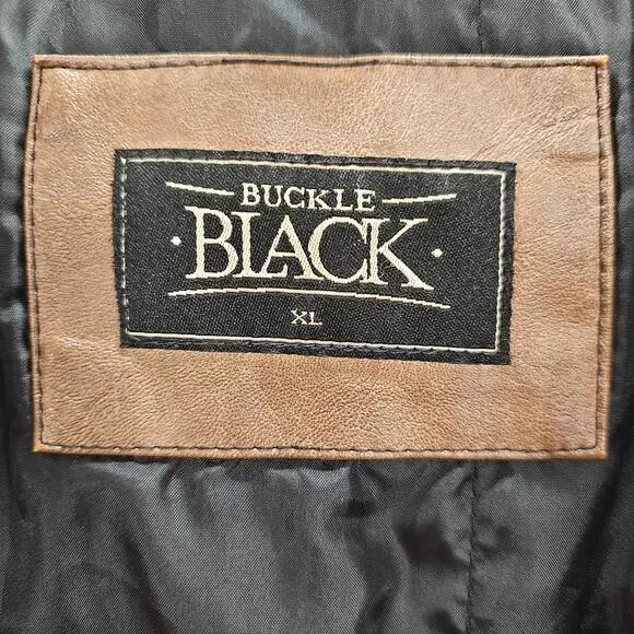 Buckle Black Jacket Mens XL Brown Faux Leather Moto Style Full Zip Distressed